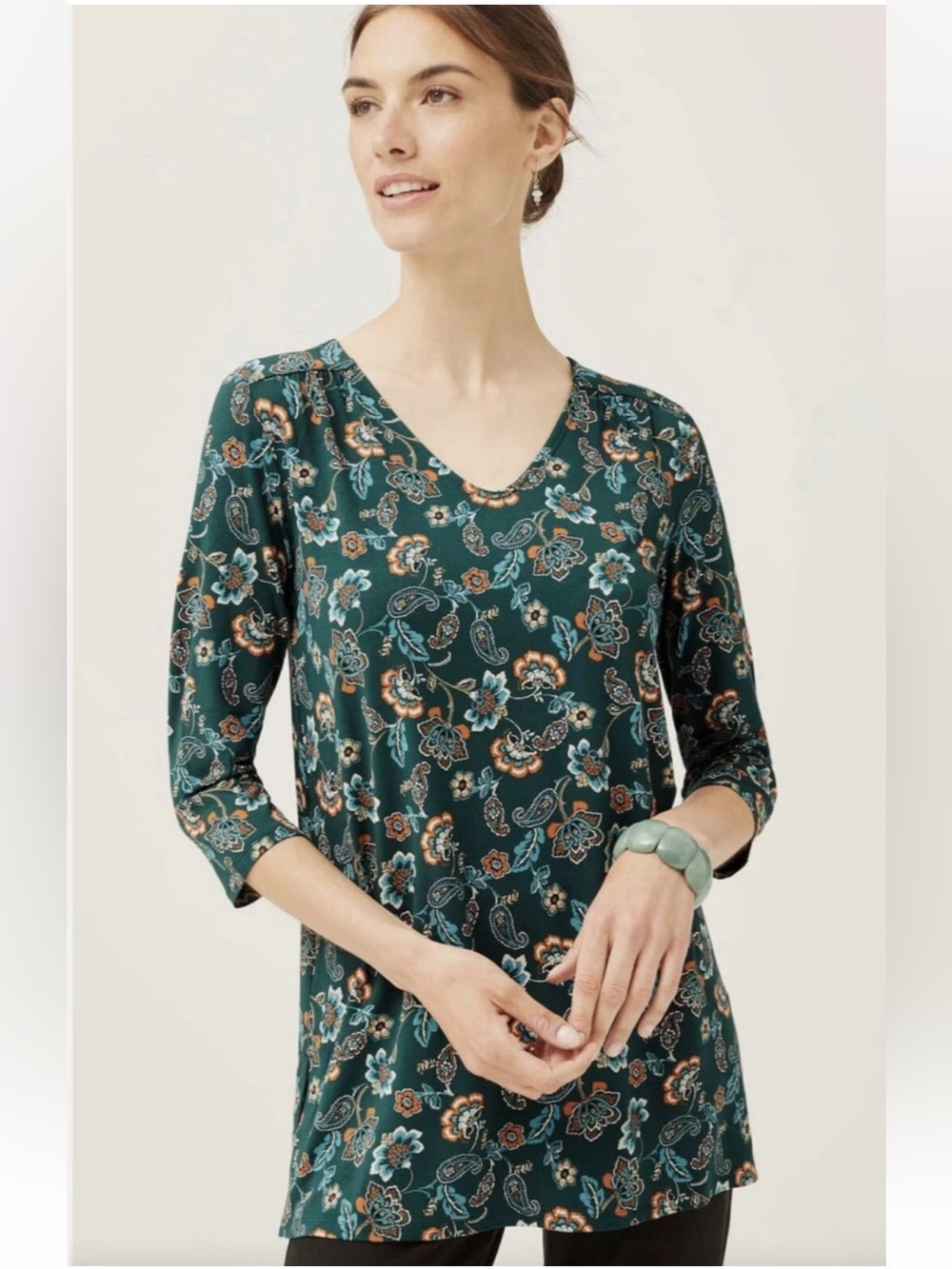 J. Jill Wearever Shirred A-Line Tunic Forest Green Bed of Flowers Print Size LP